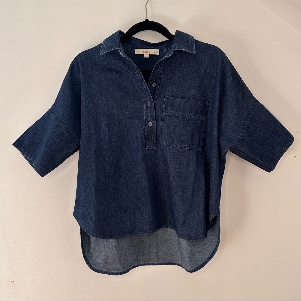 Loft Petite Chambray Dolman Henley Shirt Women’s Size SP Blue Dark Wash Denim